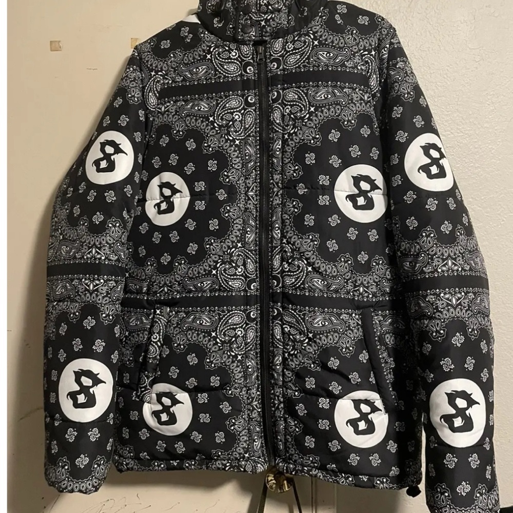 section 8 bandana puffer jacket Black and White Patterned Jacket